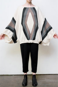 Baez Hand-Loomed Alpaca Intarsia Tunic - Cream w/Sand + Grey