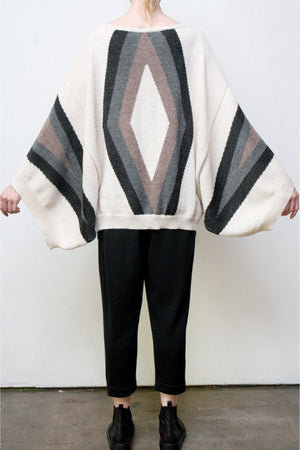 Baez Hand-Loomed Alpaca Intarsia Tunic - Cream w/Sand + Grey