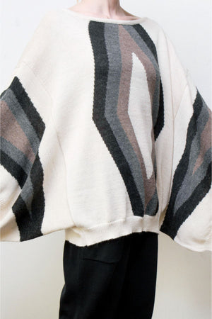 Baez Hand-Loomed Alpaca Intarsia Tunic - Cream w/Sand + Grey