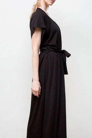 belted long dress - black