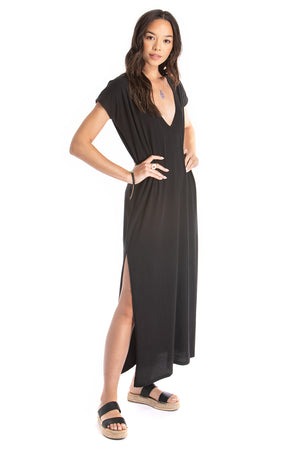 maxi v neck dress - black