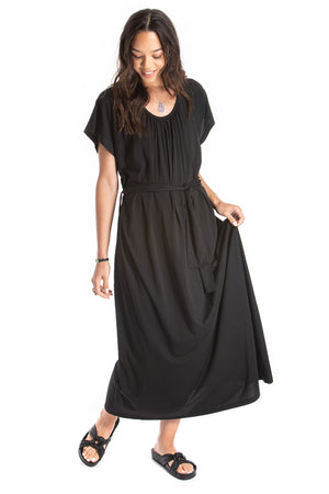 belted long dress - black