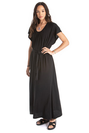belted long dress - black